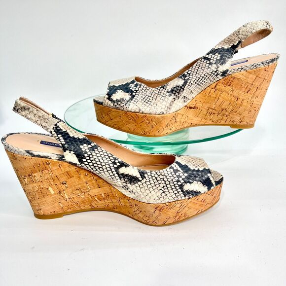 Stuart Weitzman Jean Slingback Wedge Sandals Cork Snake Print Peep Toe - Picture 7 of 10